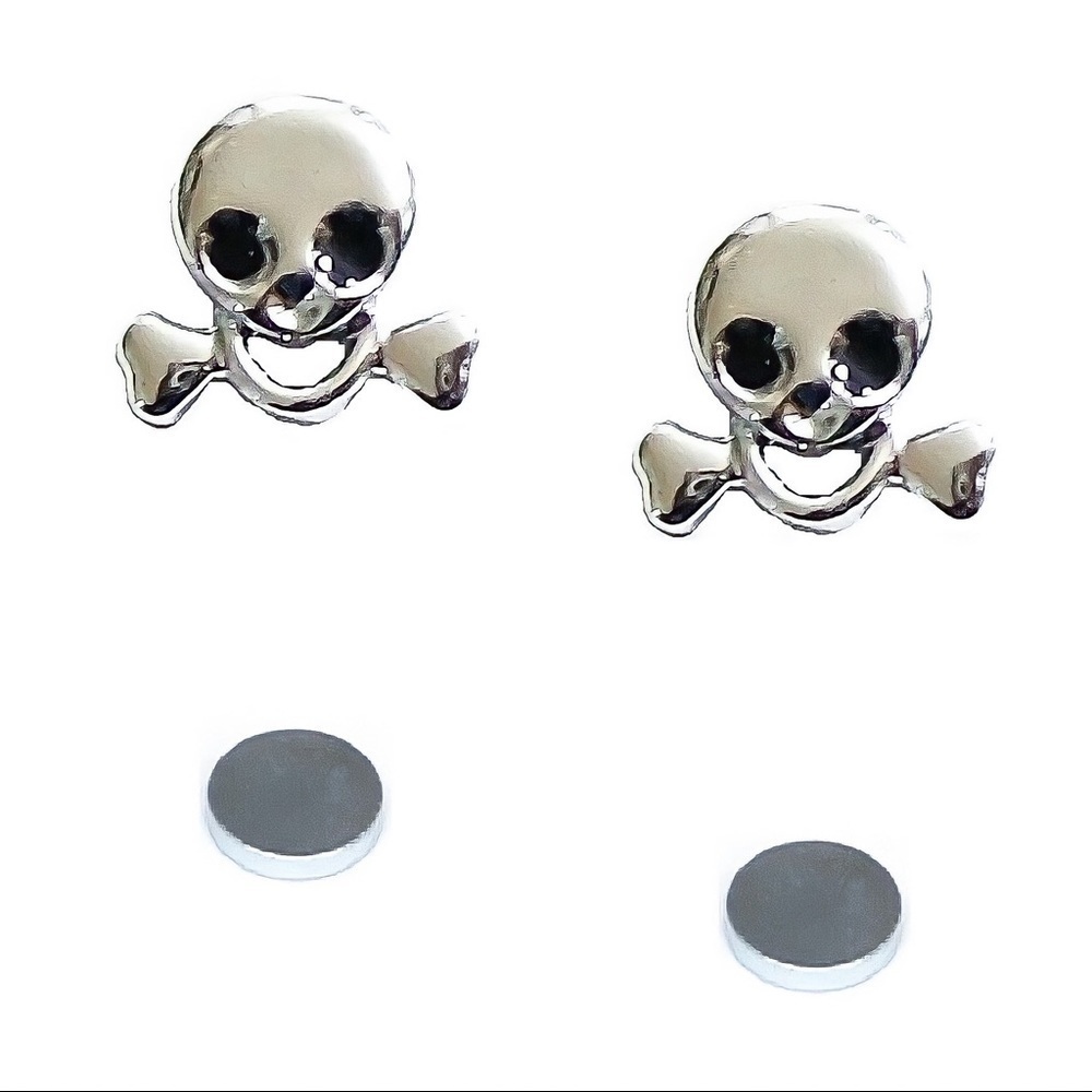 Silver Skull & Cross Bone Magnetic (Non-Pierced) Earrings - Picture 4 of 6